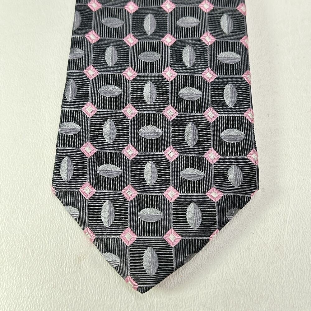 XMI Tie Mens 60 in Italian Silk Charcoal Pink Geometric Diamond Ellipsis Wide